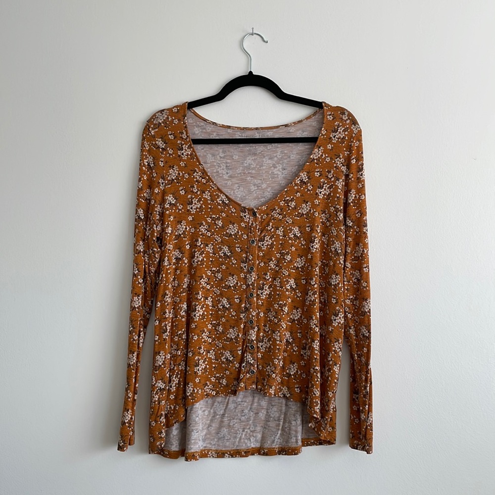 American Eagle Women’s Yellow Floral Long Sleeve Top Medium